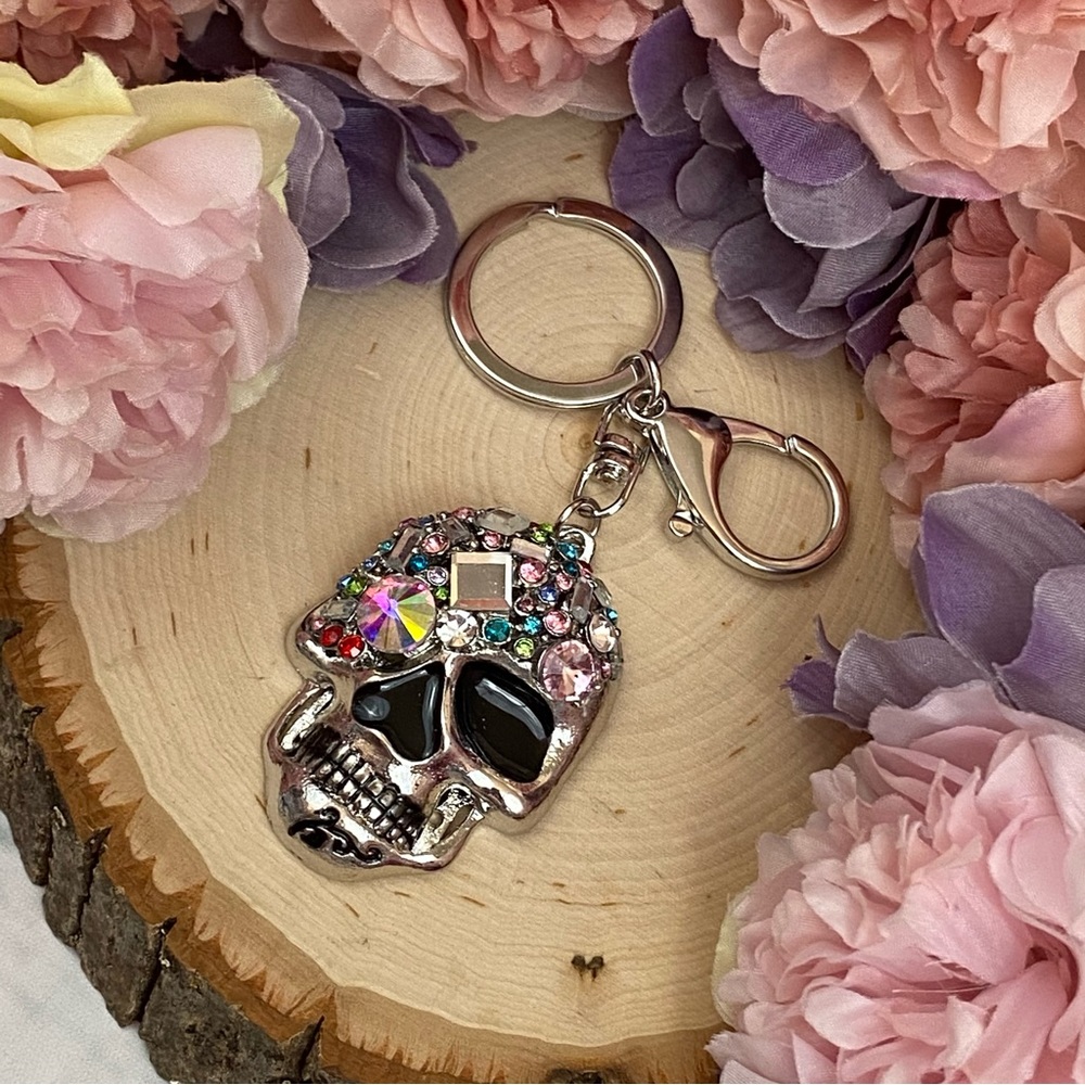 Multicolored Crystal & Silver Skull Keychain Charm - Picture 7 of 14